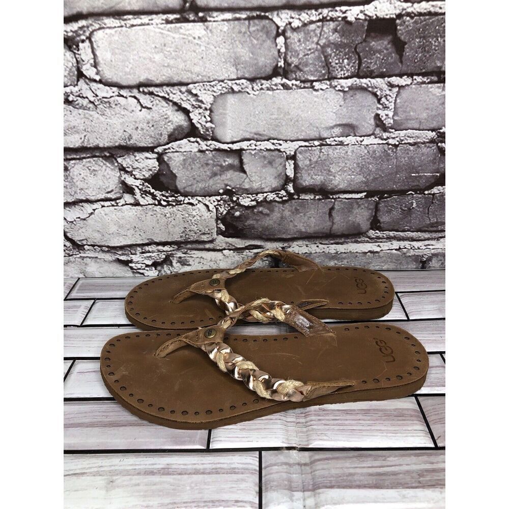 UGG Navie Braided Leather Rose Gold Flip Flops Sandals Women Sz 7M US/38 1007559